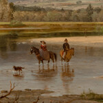 Fording-the-Stream-150x150 Two horseback riders crossing a river with a dog.